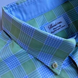 Stenstroms fitted body green & blue checkered  2 fold cotton  shirt Sz 19/ 48